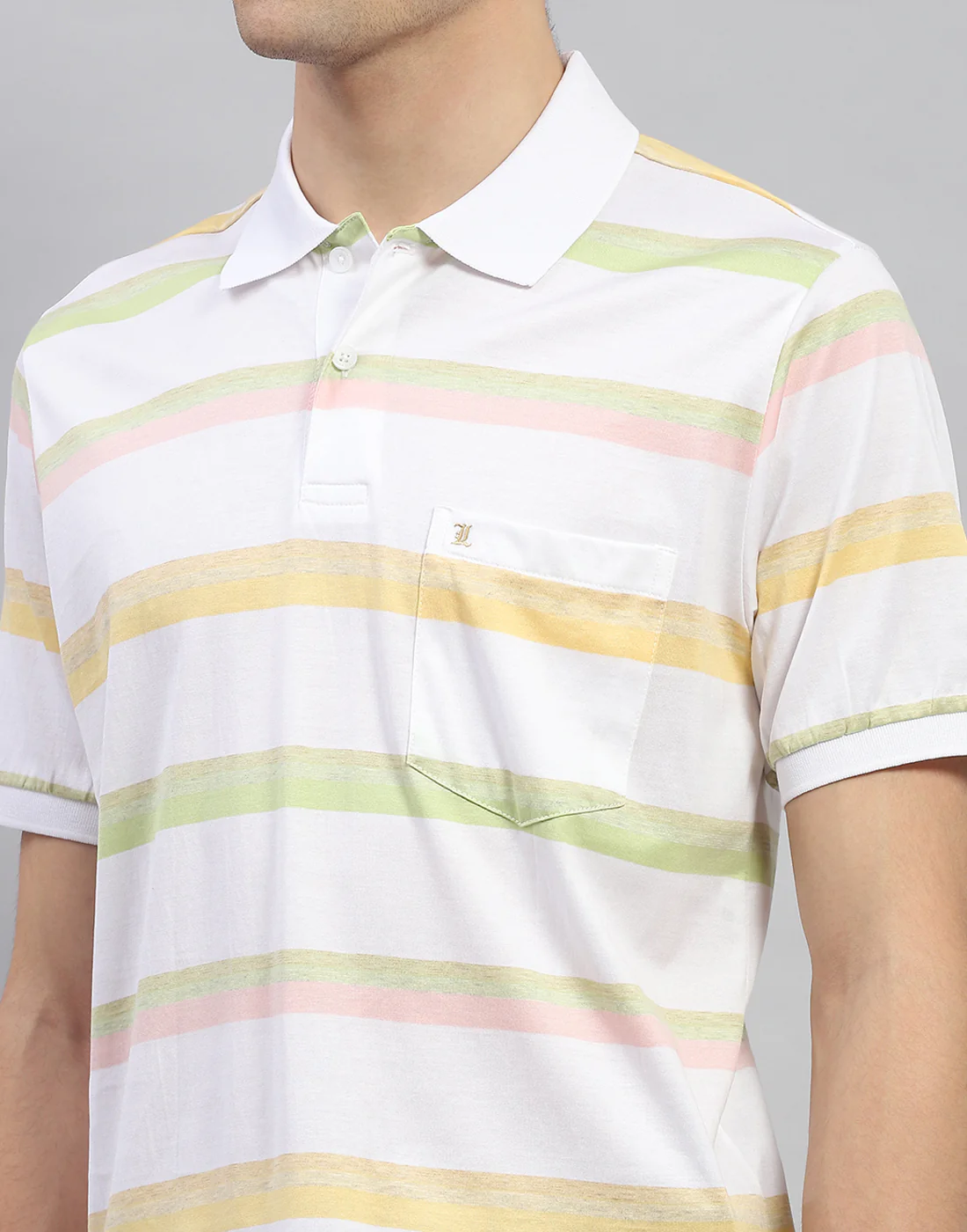 Men White Stripe Polo Collar Half Sleeve T-Shirt - Image 6