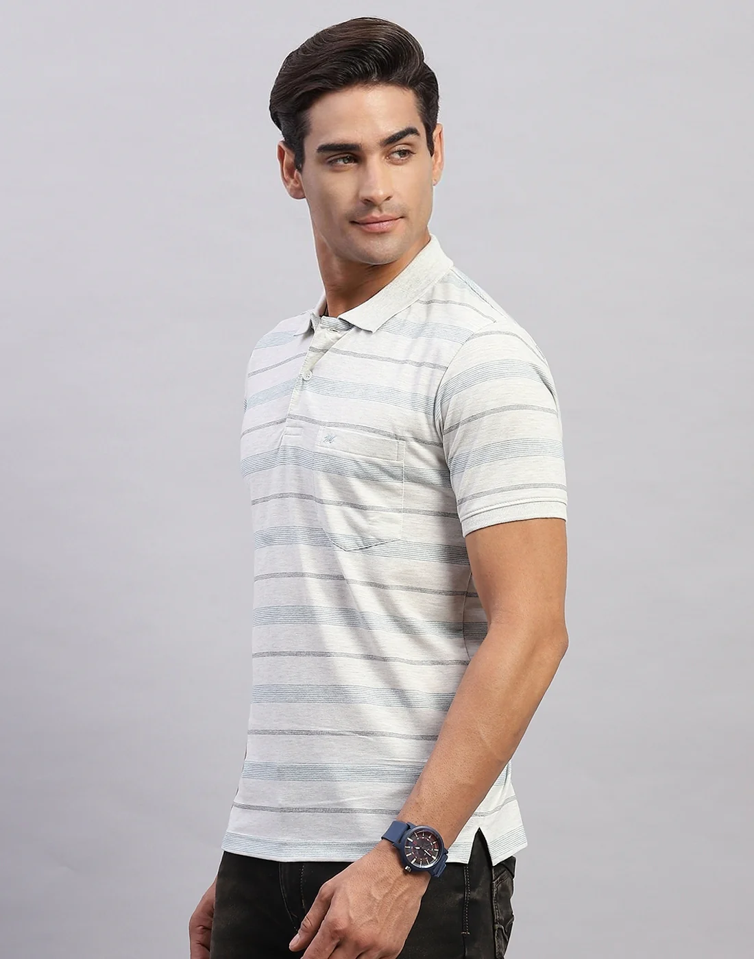 Men White Stripe Polo Collar Half Sleeve T-Shirt - Image 3