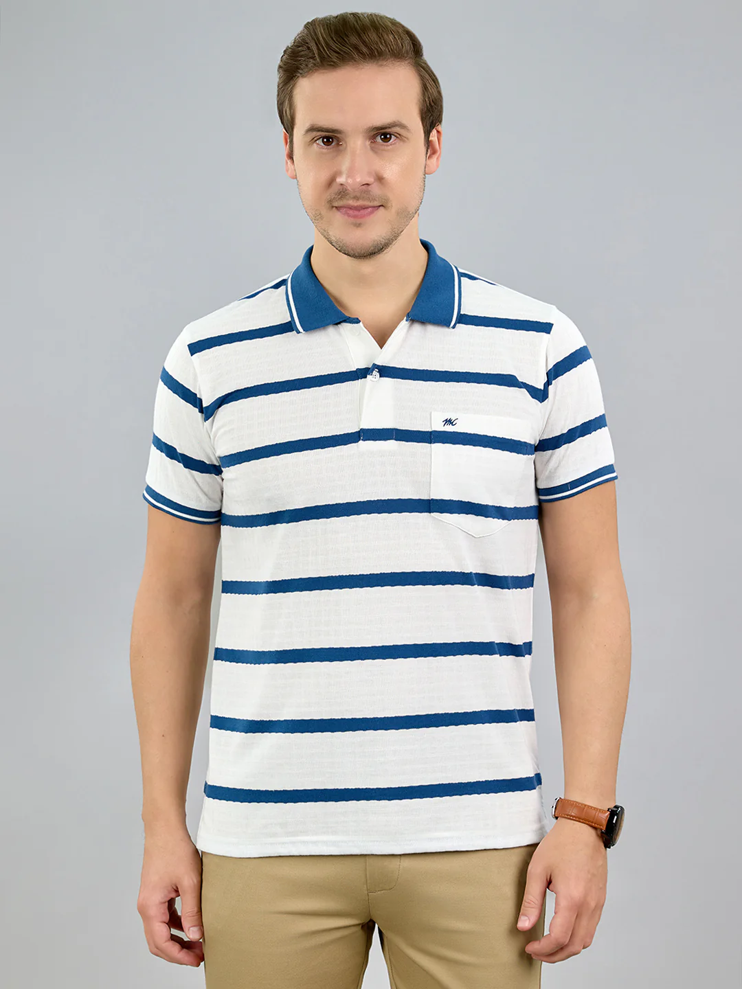 Men White Stripe Polo Collar Half Sleeve T-Shirt
