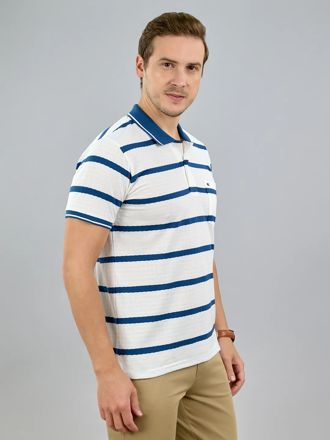 Men White Stripe Polo Collar Half Sleeve T-Shirt - Image 3