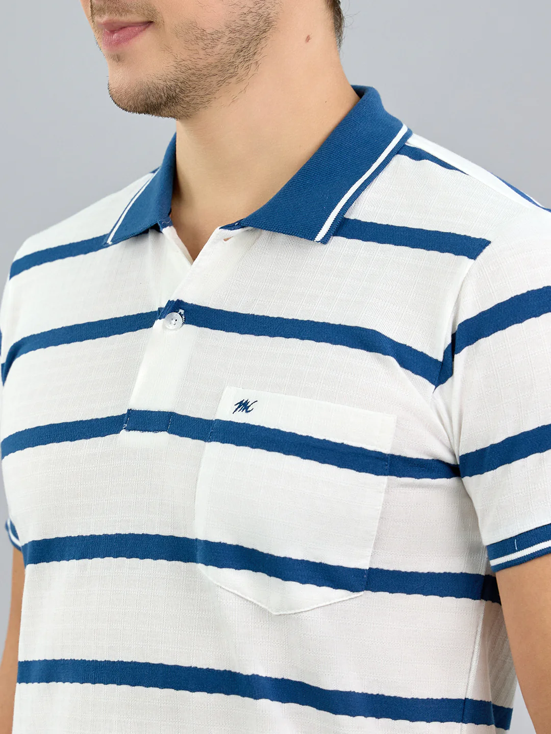 Men White Stripe Polo Collar Half Sleeve T-Shirt - Image 5