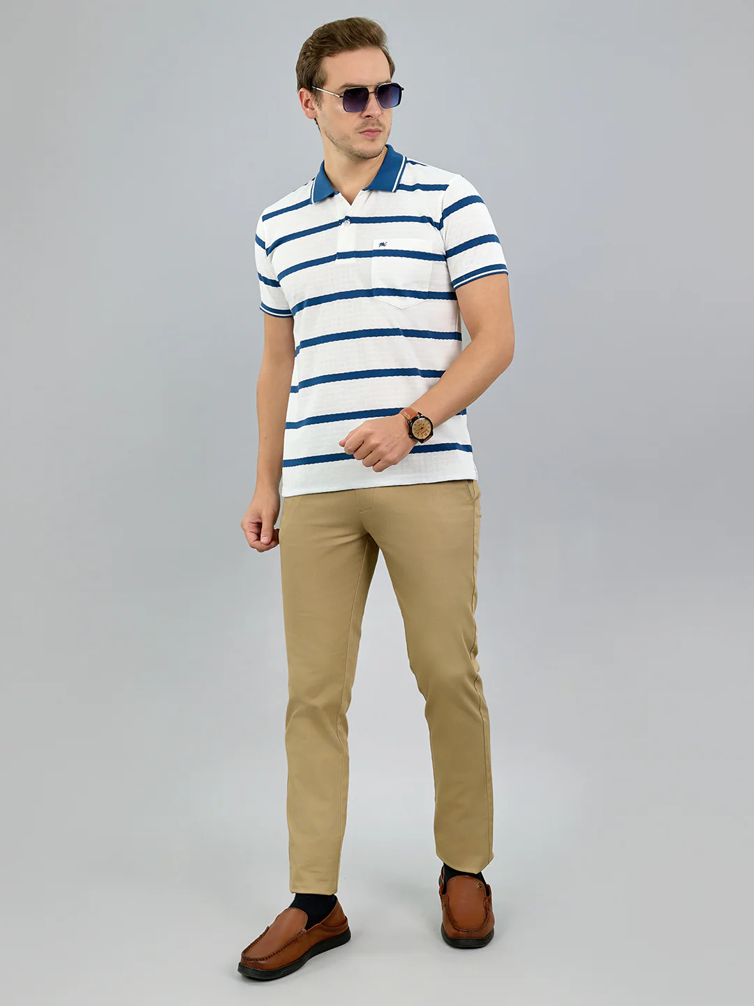 Men White Stripe Polo Collar Half Sleeve T-Shirt - Image 6