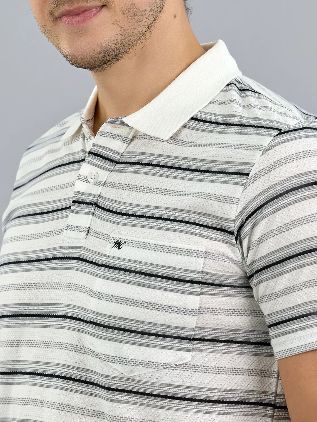Men White Stripe Polo Collar Half Sleeve T-Shirt - Image 5