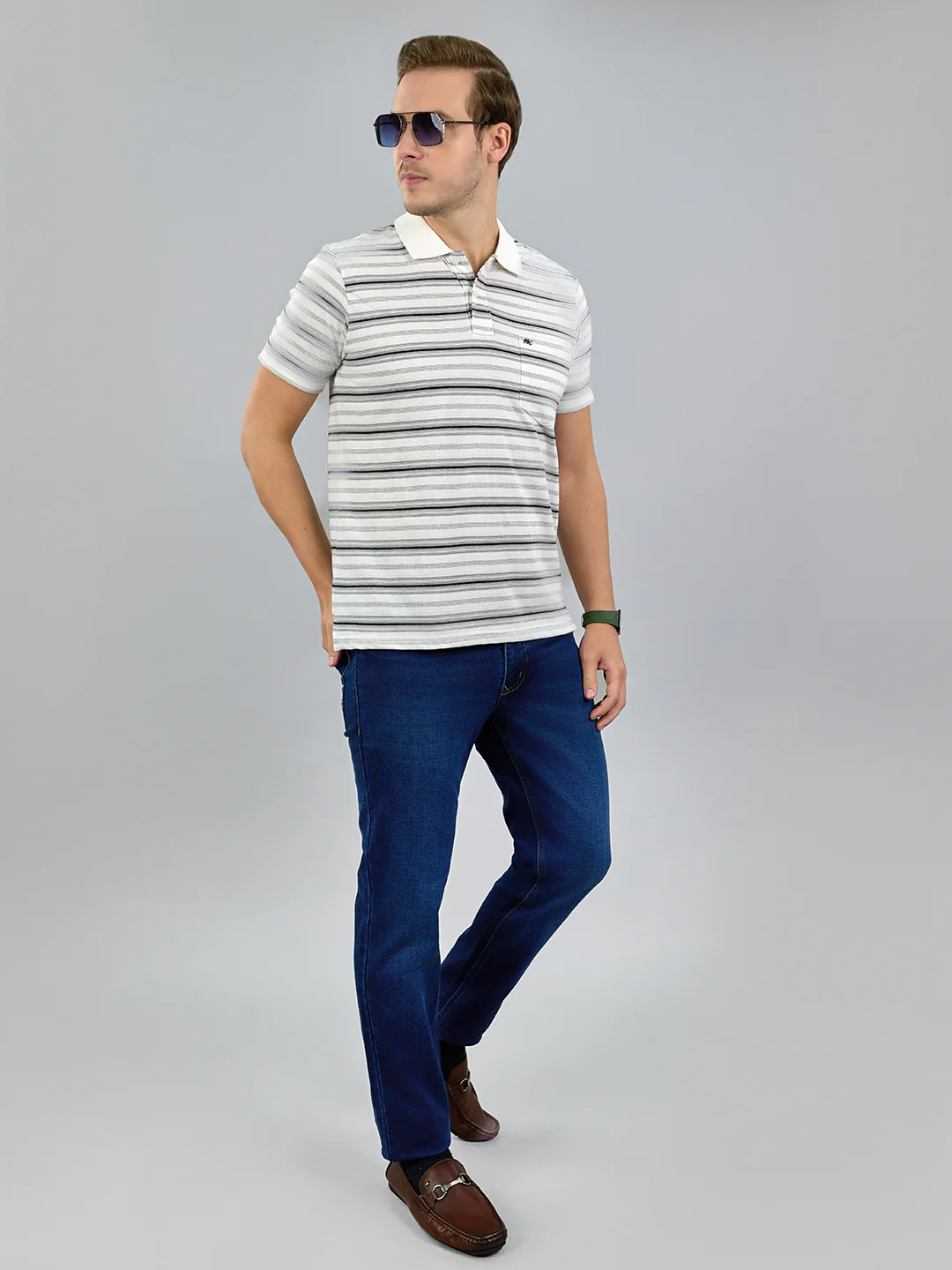 Men White Stripe Polo Collar Half Sleeve T-Shirt - Image 6