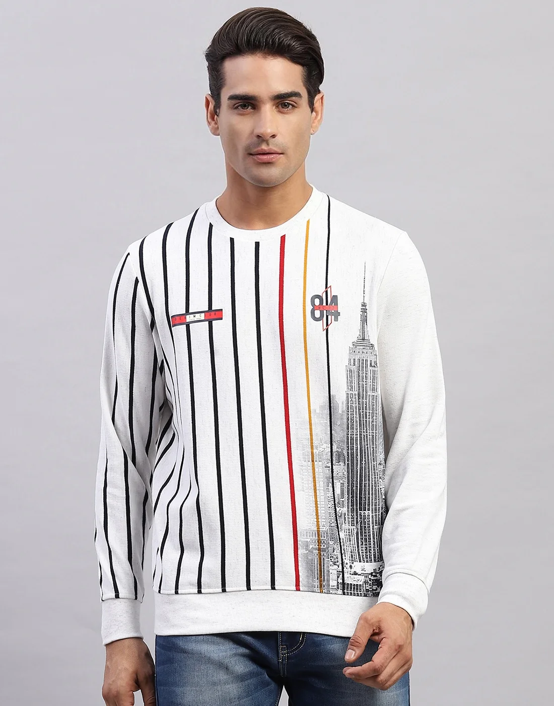 Men White Stripe Round Neck Full Sleeve Sweatshirt - Image 2