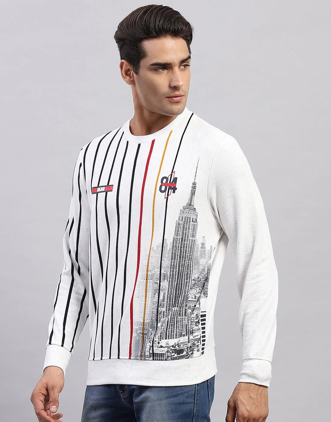 Men White Stripe Round Neck Full Sleeve Sweatshirt - Image 3