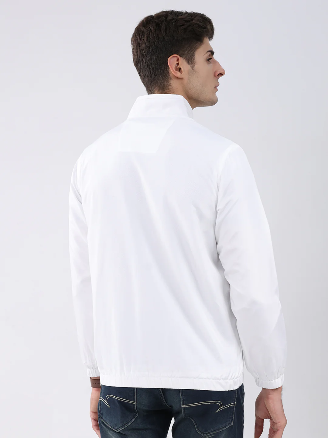 Men White Stripe Stand Collar Full Sleeve Jacket - Image 5