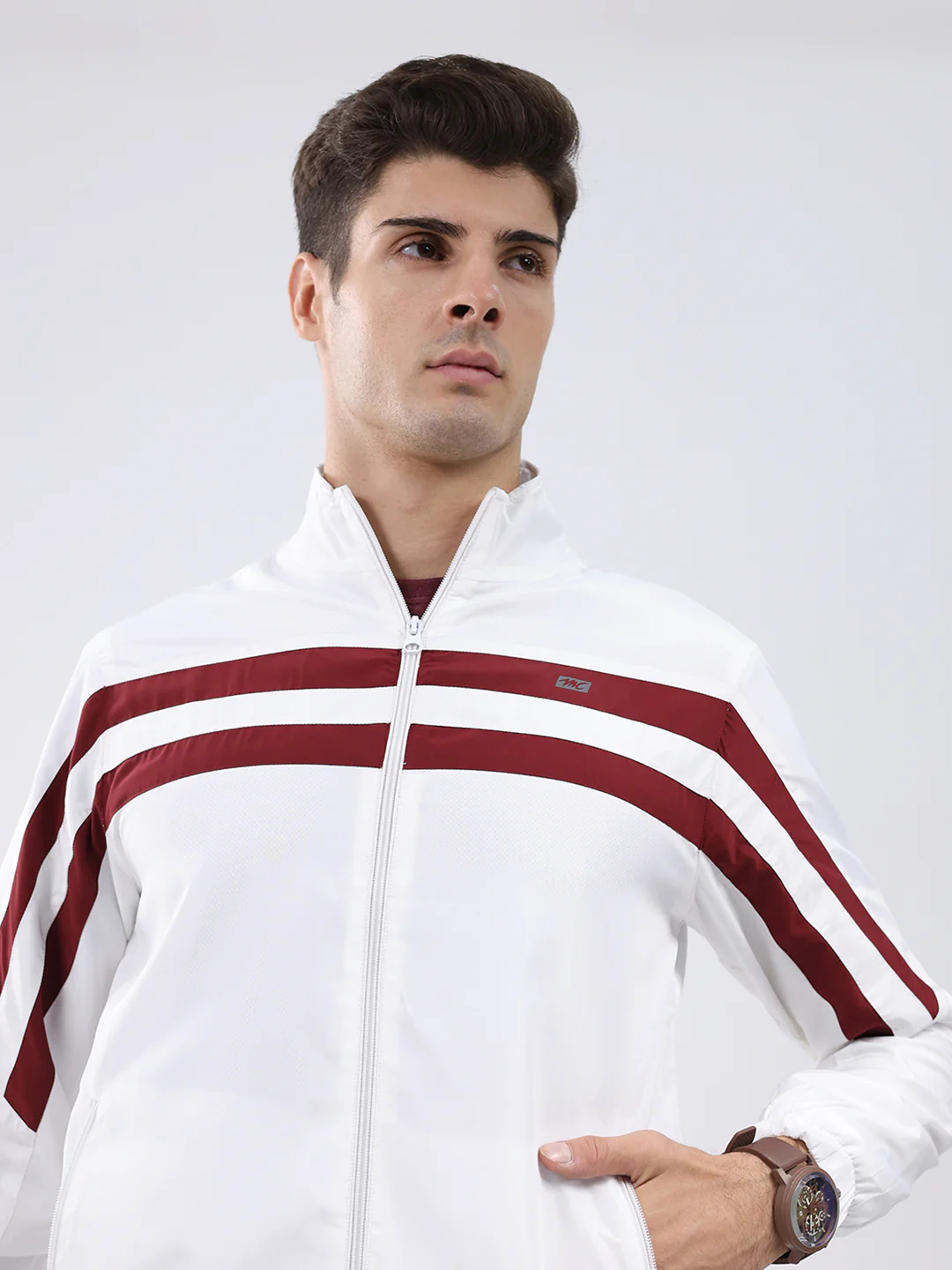 Men White Stripe Stand Collar Full Sleeve Jacket - Image 6