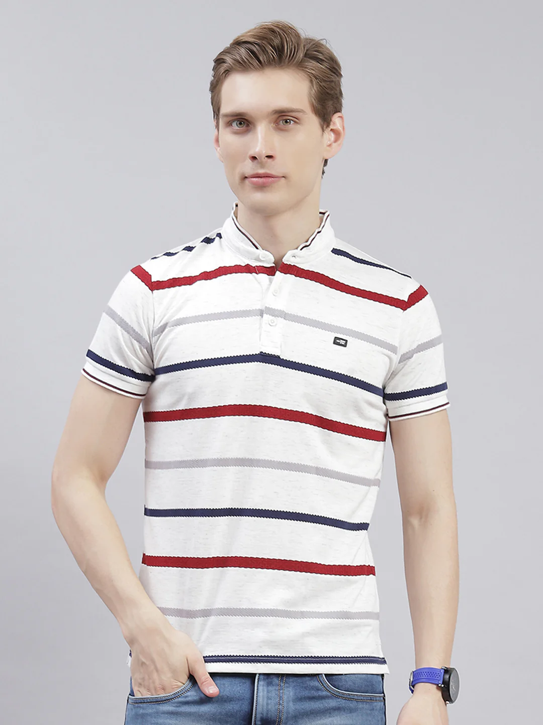 Men White Stripe Stand Collar Half Sleeve T-Shirts - Image 2