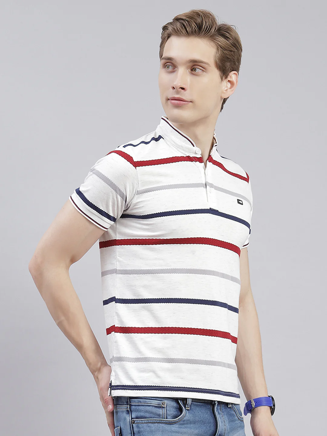 Men White Stripe Stand Collar Half Sleeve T-Shirts - Image 4
