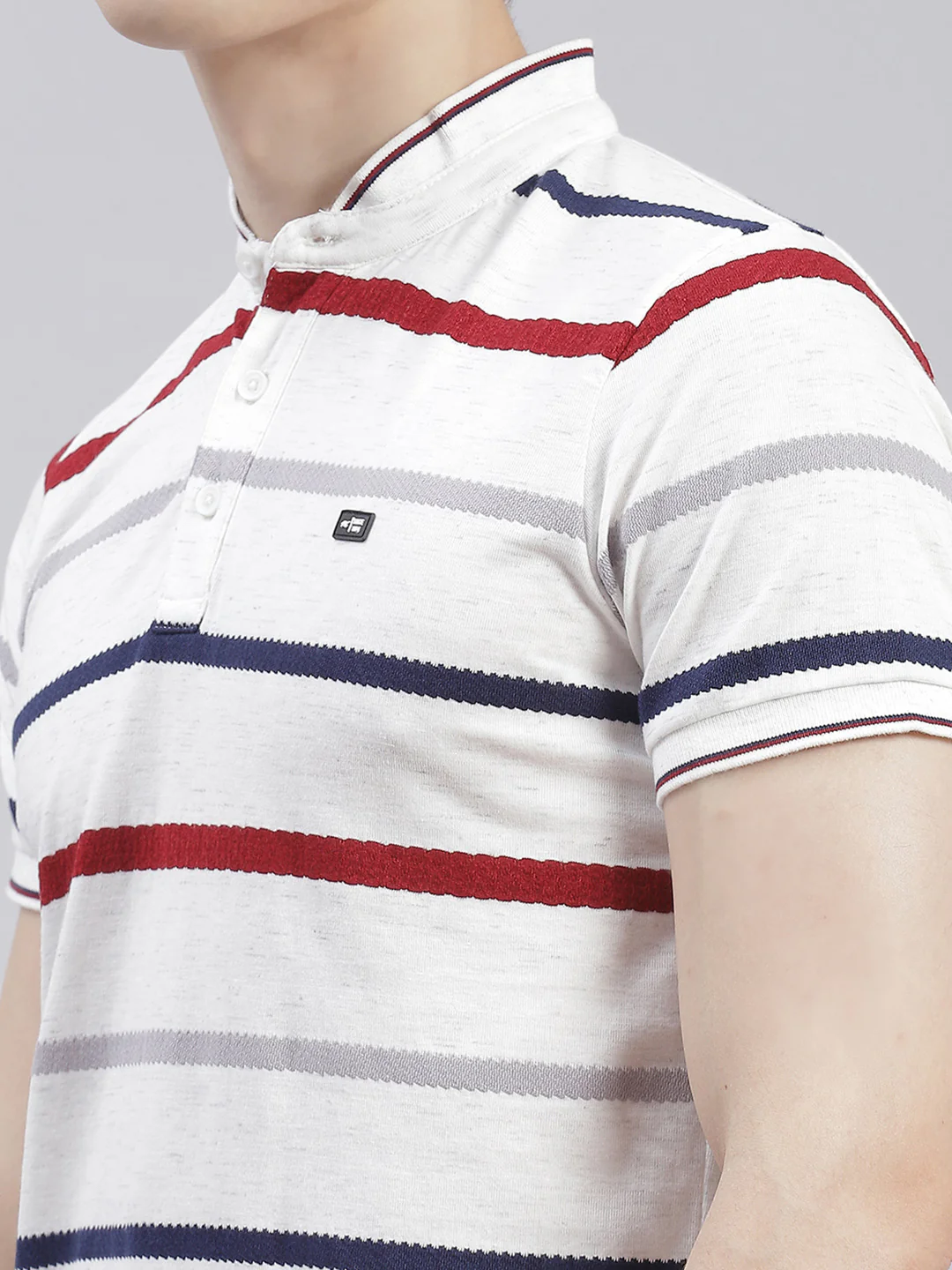 Men White Stripe Stand Collar Half Sleeve T-Shirts - Image 6
