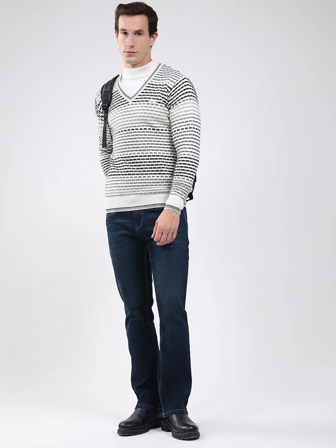 Men White Stripe V Neck Full Sleeve Pullover - Image 2