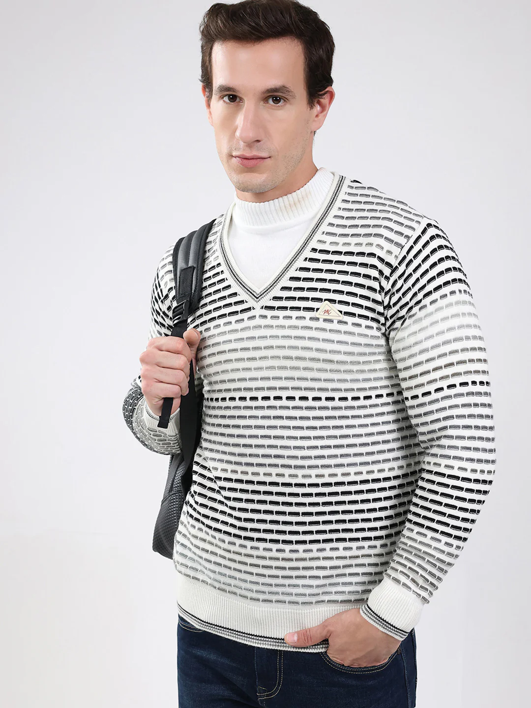 Men White Stripe V Neck Full Sleeve Pullover - Image 6