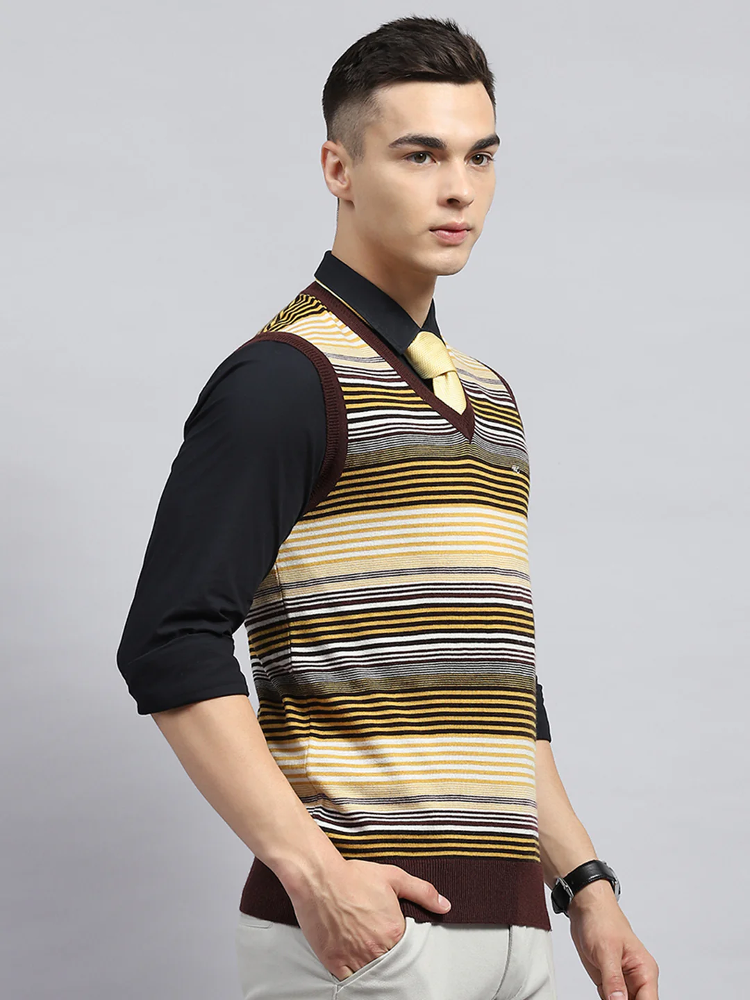 Men Yellow & Brown Stripe V Neck Sleeveless Sweater - Image 4