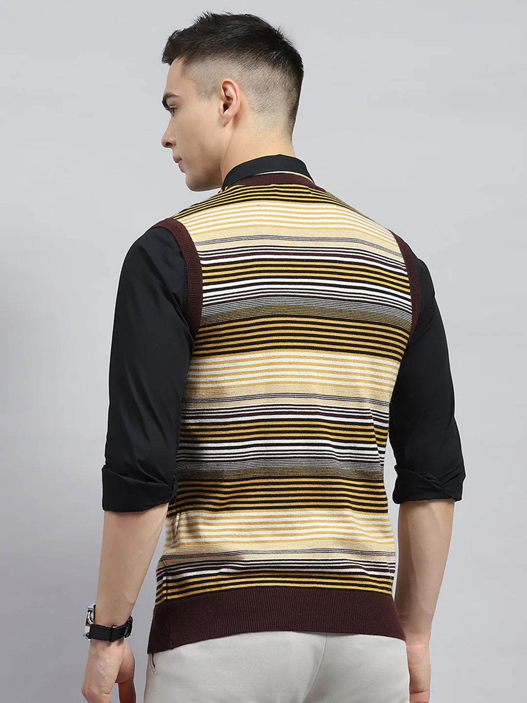 Men Yellow & Brown Stripe V Neck Sleeveless Sweater - Image 5