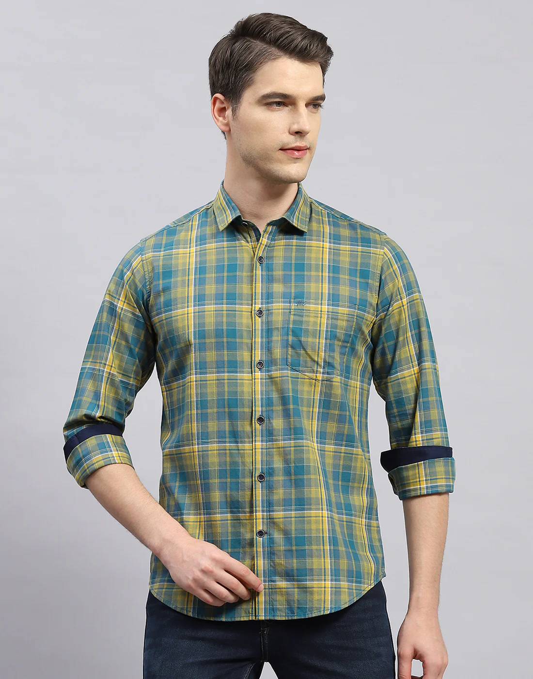 Men Yellow Check Collar Full Sleeve Shirt - Image 3