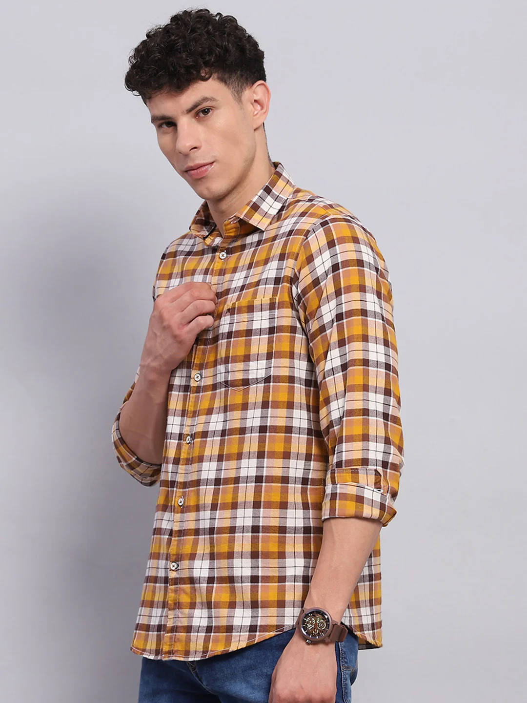Men Yellow Check Collar Full Sleeve Shirt - Image 3
