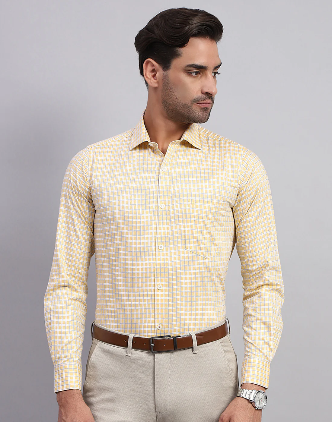Men Yellow Check Collar Full Sleeve Shirt - Image 2