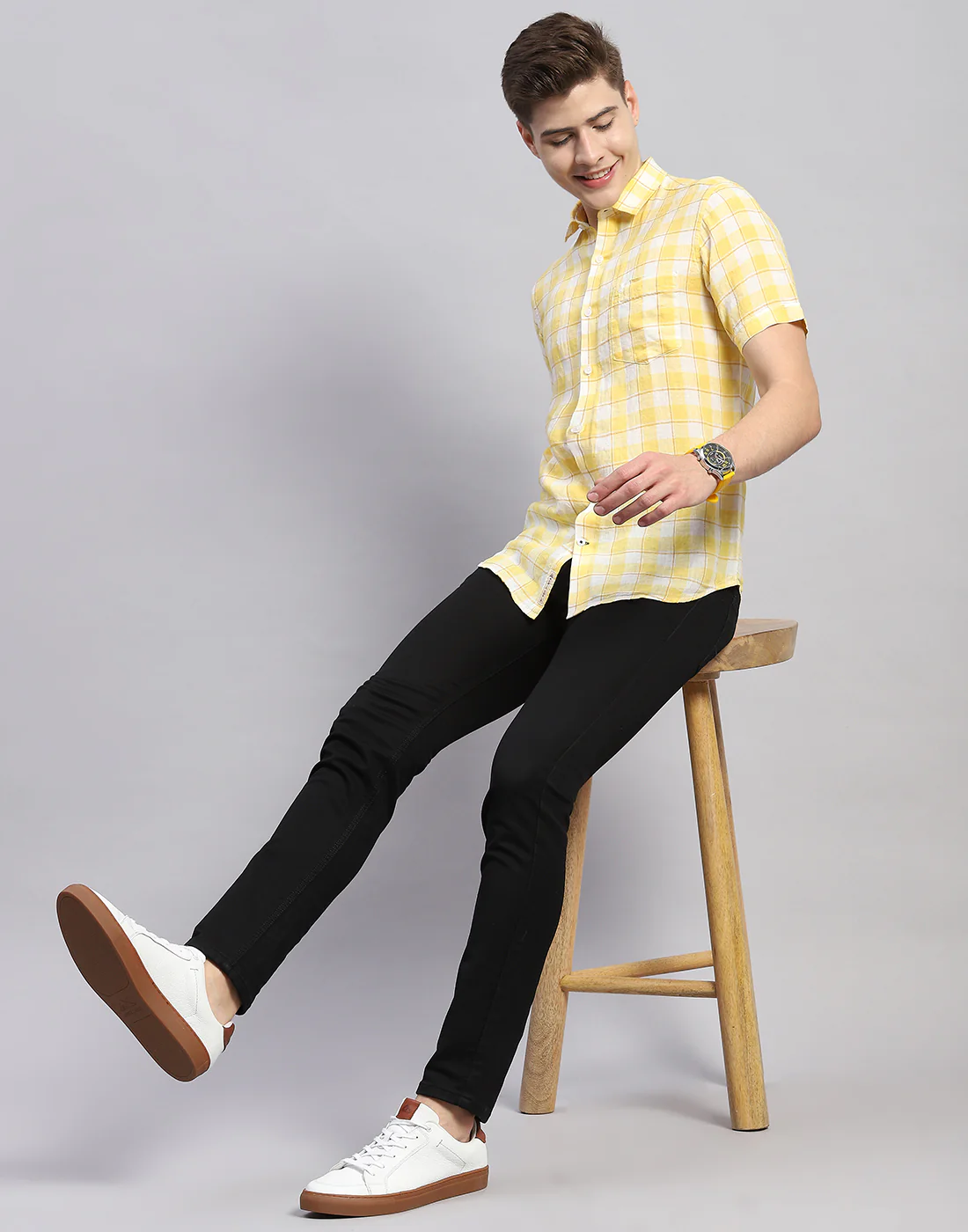 Men Yellow Check Collar Half Sleeve Linen Shirt - Image 6