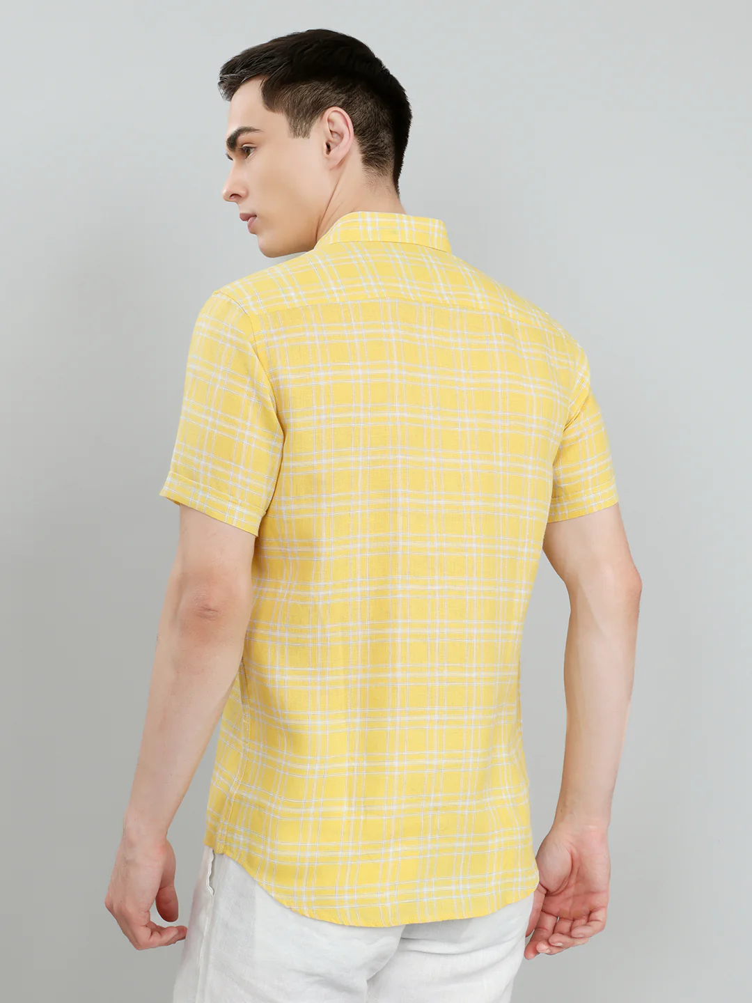Men Yellow Check Collar Half Sleeve Shirt - Image 5