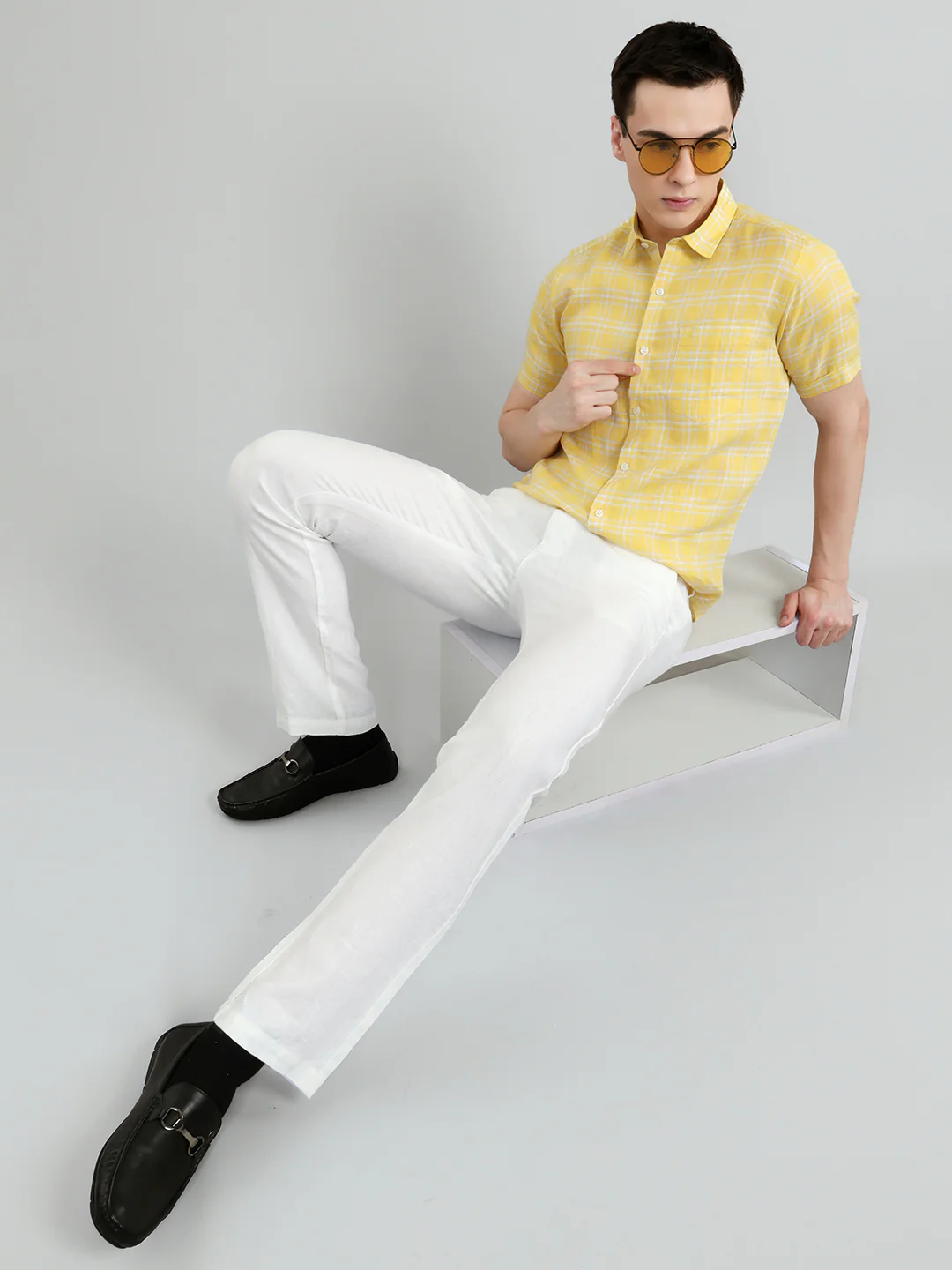 Men Yellow Check Collar Half Sleeve Shirt - Image 6