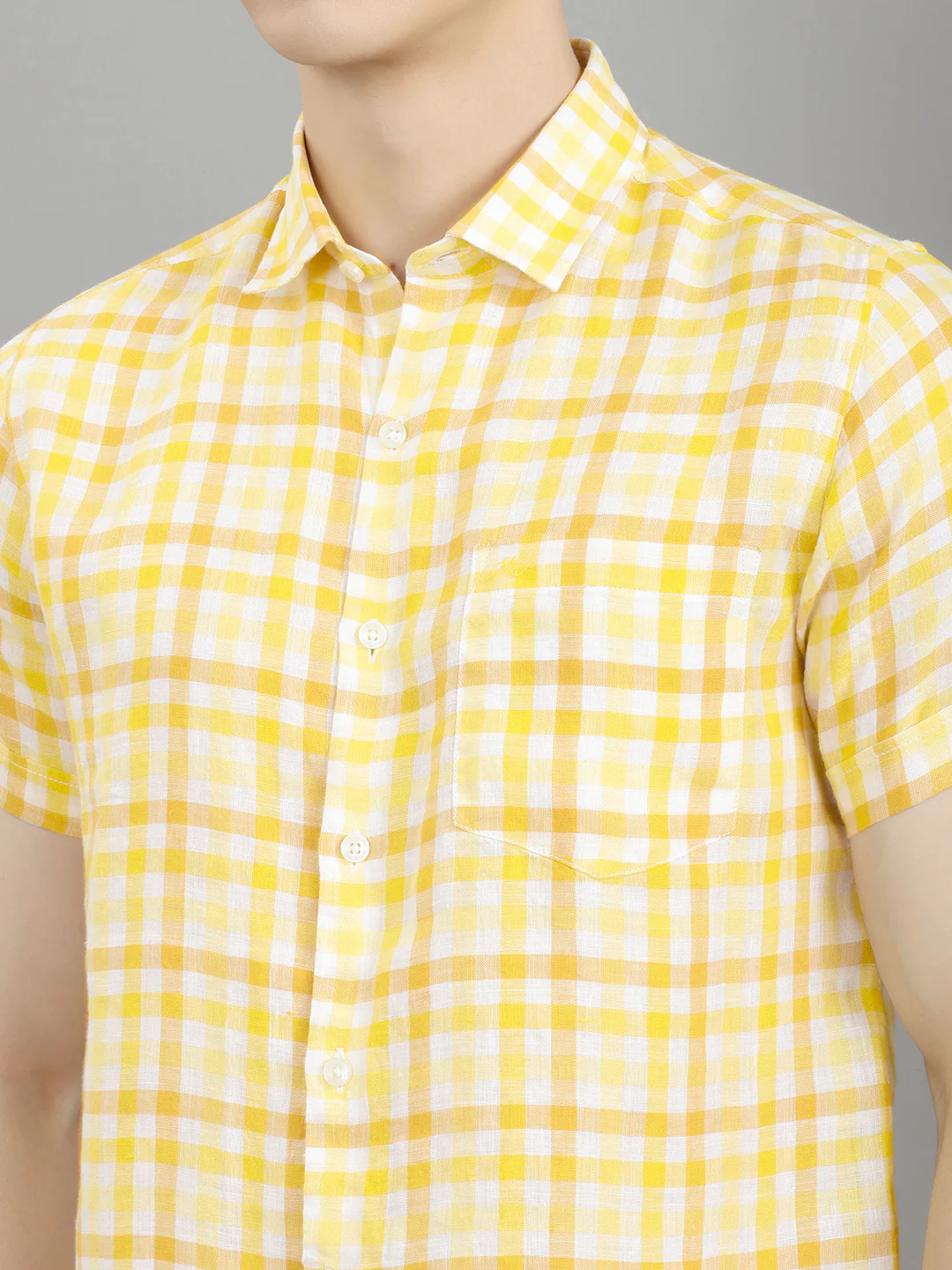 Men Yellow Check Collar Half Sleeve Shirt - Image 5
