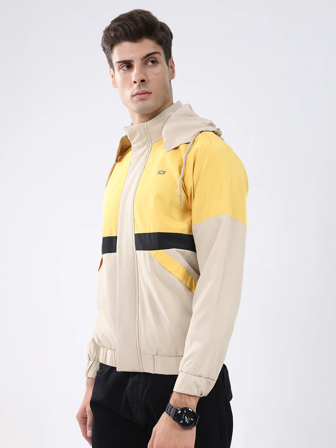 Men Yellow Colourblocked Hooded Full Sleeve Jacket - Image 3
