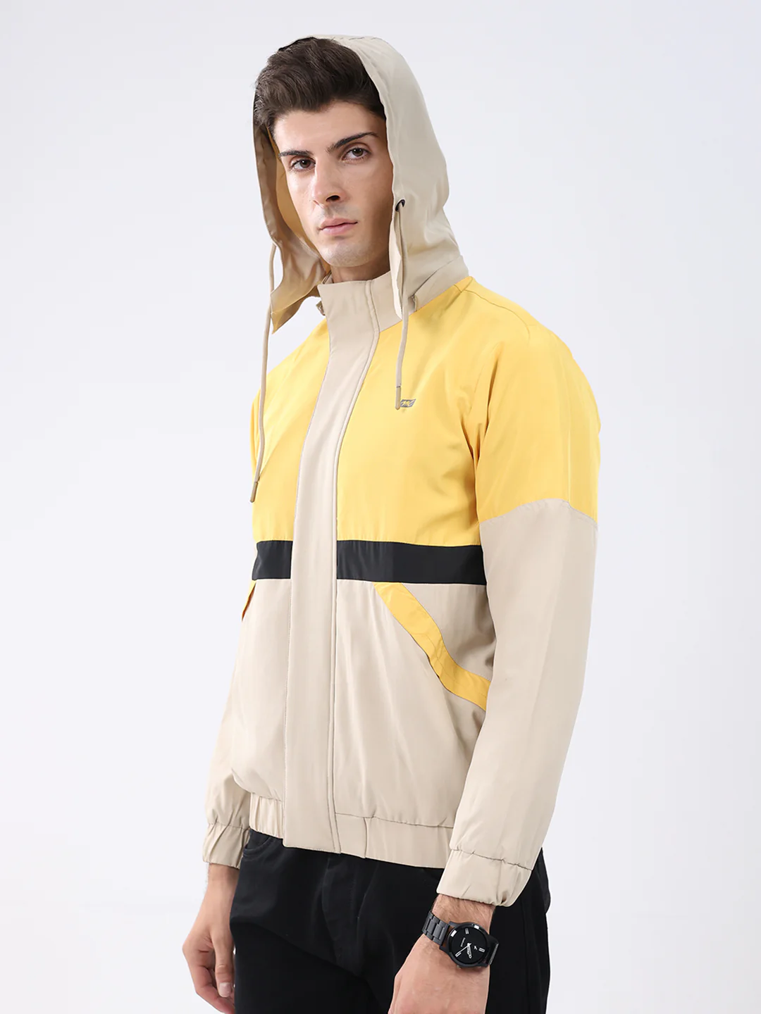 Men Yellow Colourblocked Hooded Full Sleeve Jacket - Image 7