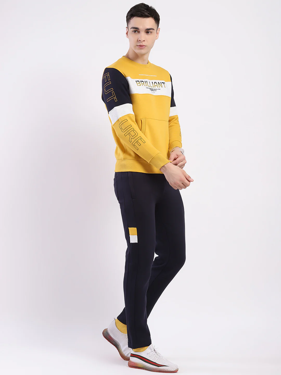 Men Yellow & Navy Blue Solid Round Neck Full Sleeve Winter Tracksuit - Image 4