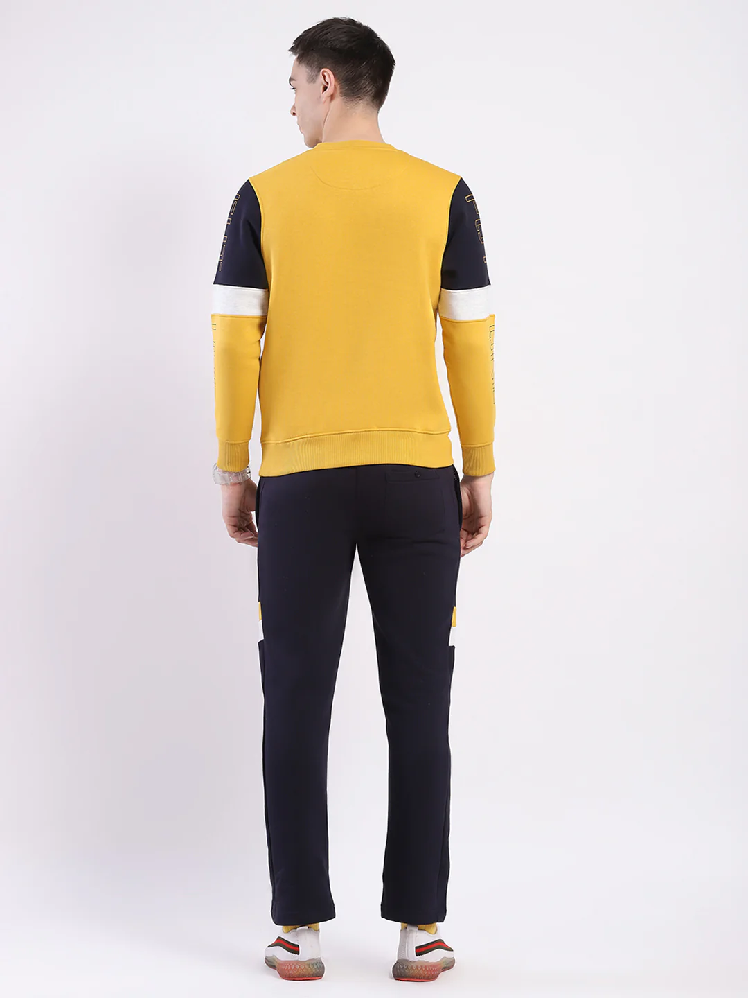 Men Yellow & Navy Blue Solid Round Neck Full Sleeve Winter Tracksuit - Image 5
