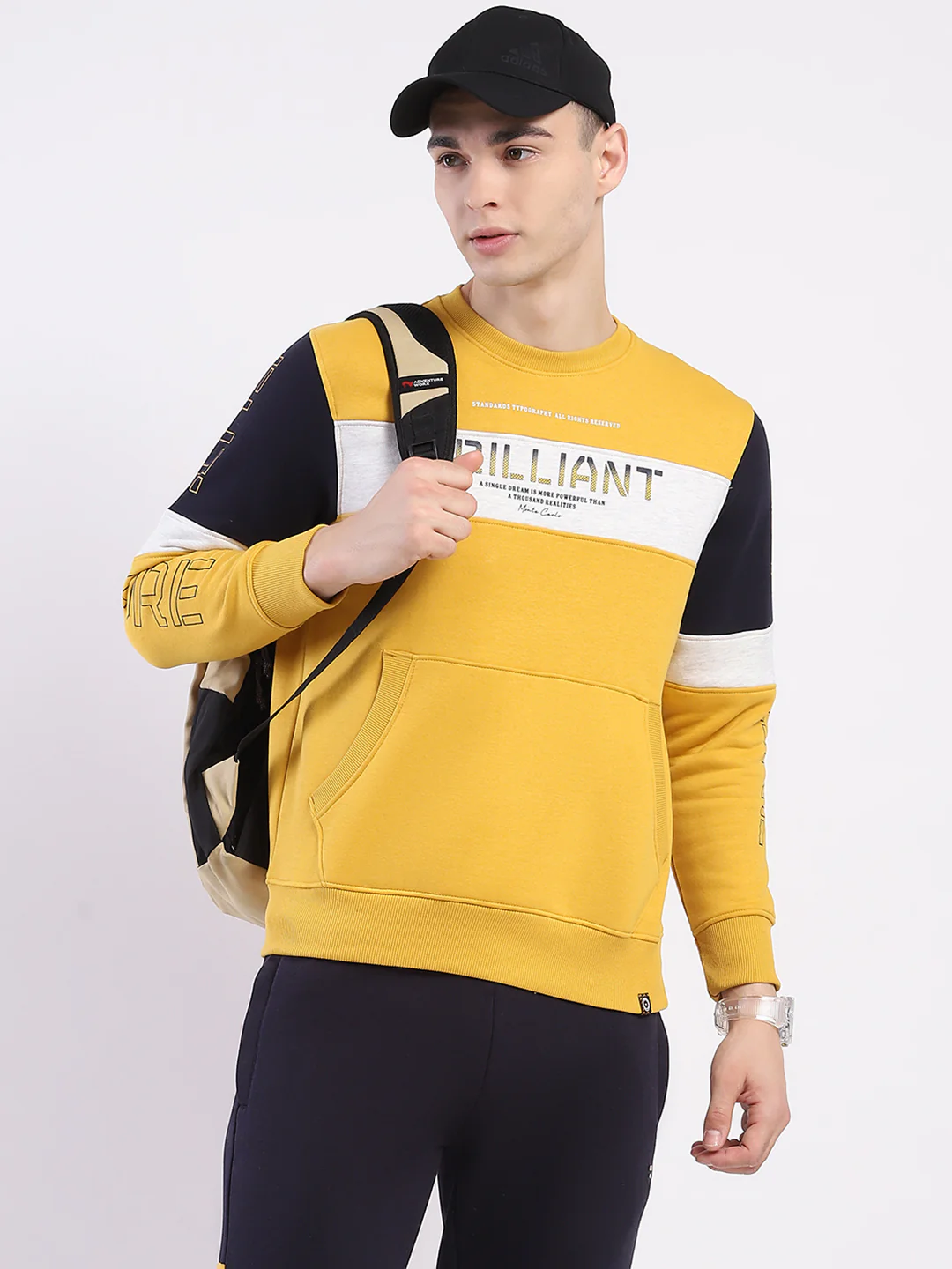 Men Yellow & Navy Blue Solid Round Neck Full Sleeve Winter Tracksuit - Image 6