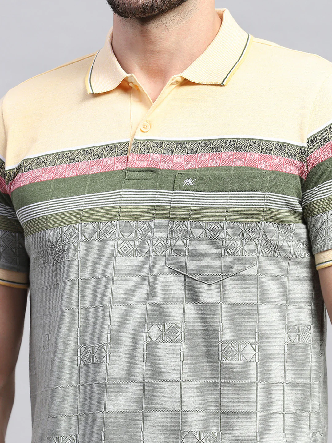 Men Yellow & Olive Stripe Collar Half Sleeve T-Shirt - Image 6