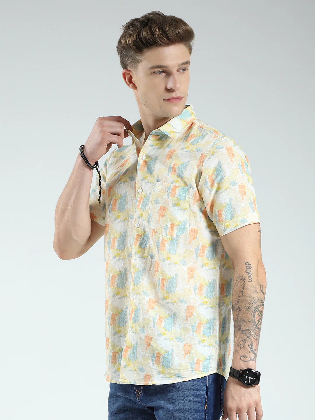 Men Yellow Printed Collar Half Sleeve Linen Shirt - Image 3
