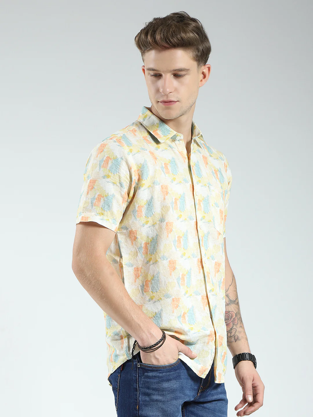 Men Yellow Printed Collar Half Sleeve Linen Shirt - Image 4