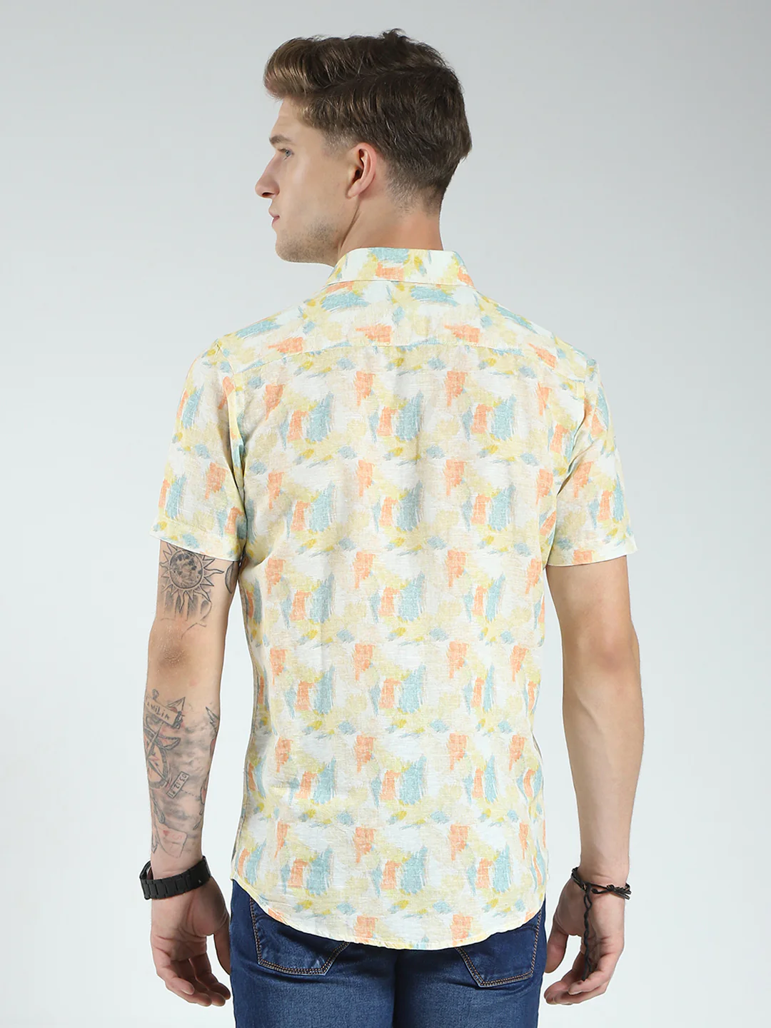 Men Yellow Printed Collar Half Sleeve Linen Shirt - Image 5