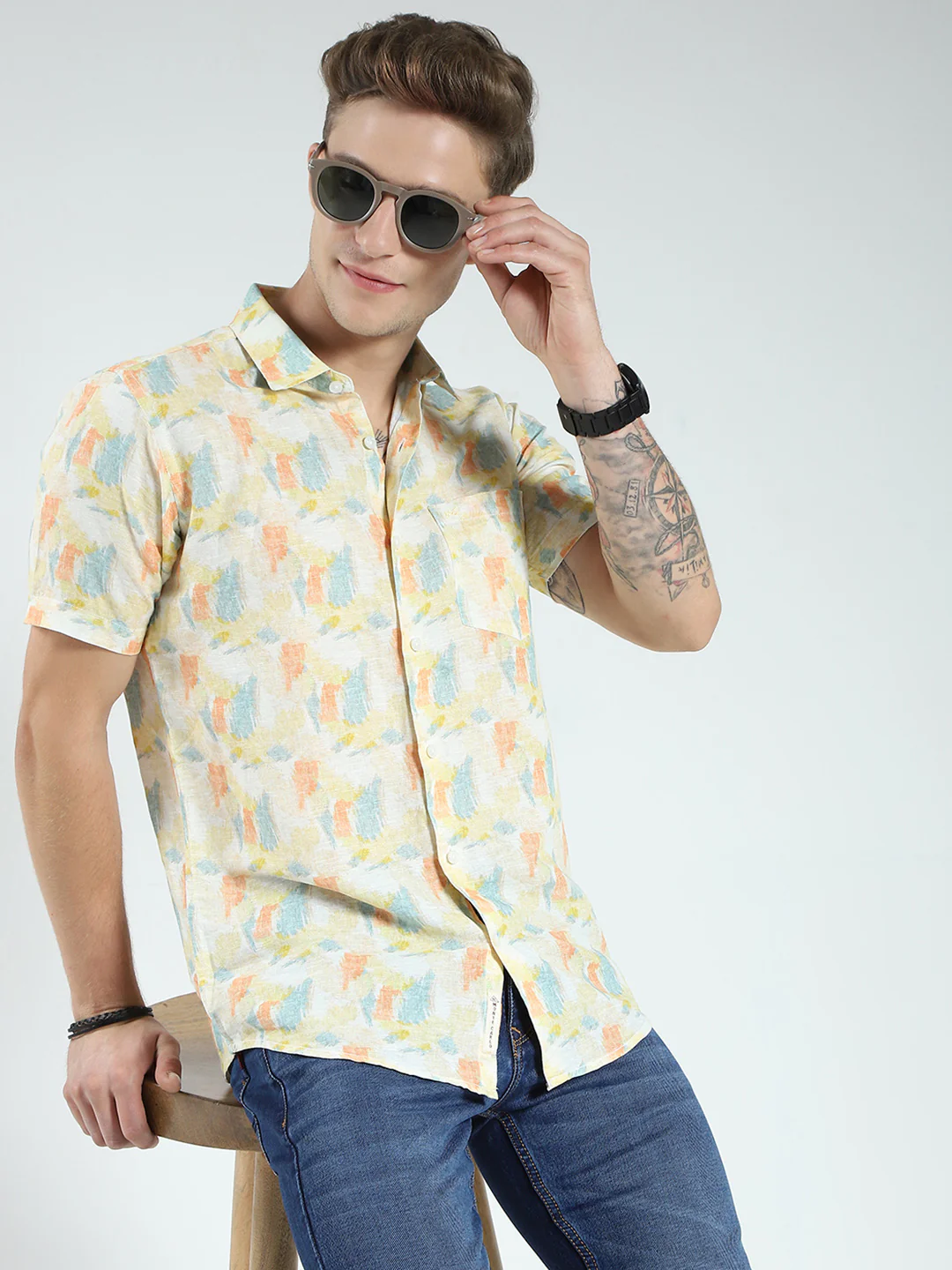 Men Yellow Printed Collar Half Sleeve Linen Shirt - Image 6