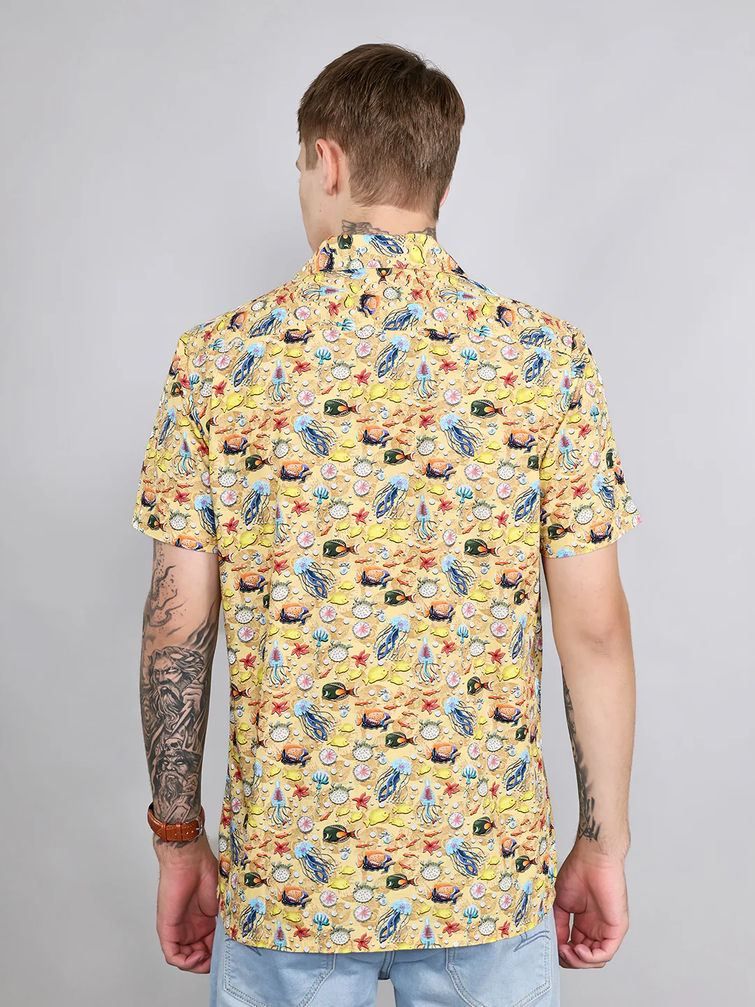 Men Yellow Printed Collar Half Sleeve Shirt - Image 4