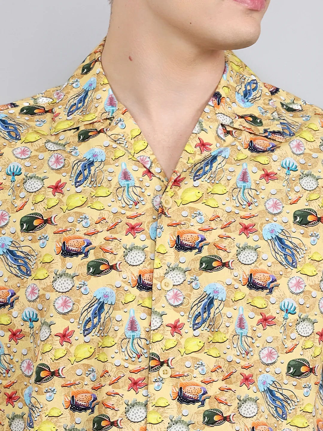 Men Yellow Printed Collar Half Sleeve Shirt - Image 5