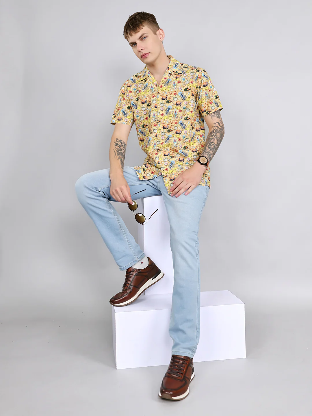 Men Yellow Printed Collar Half Sleeve Shirt - Image 6
