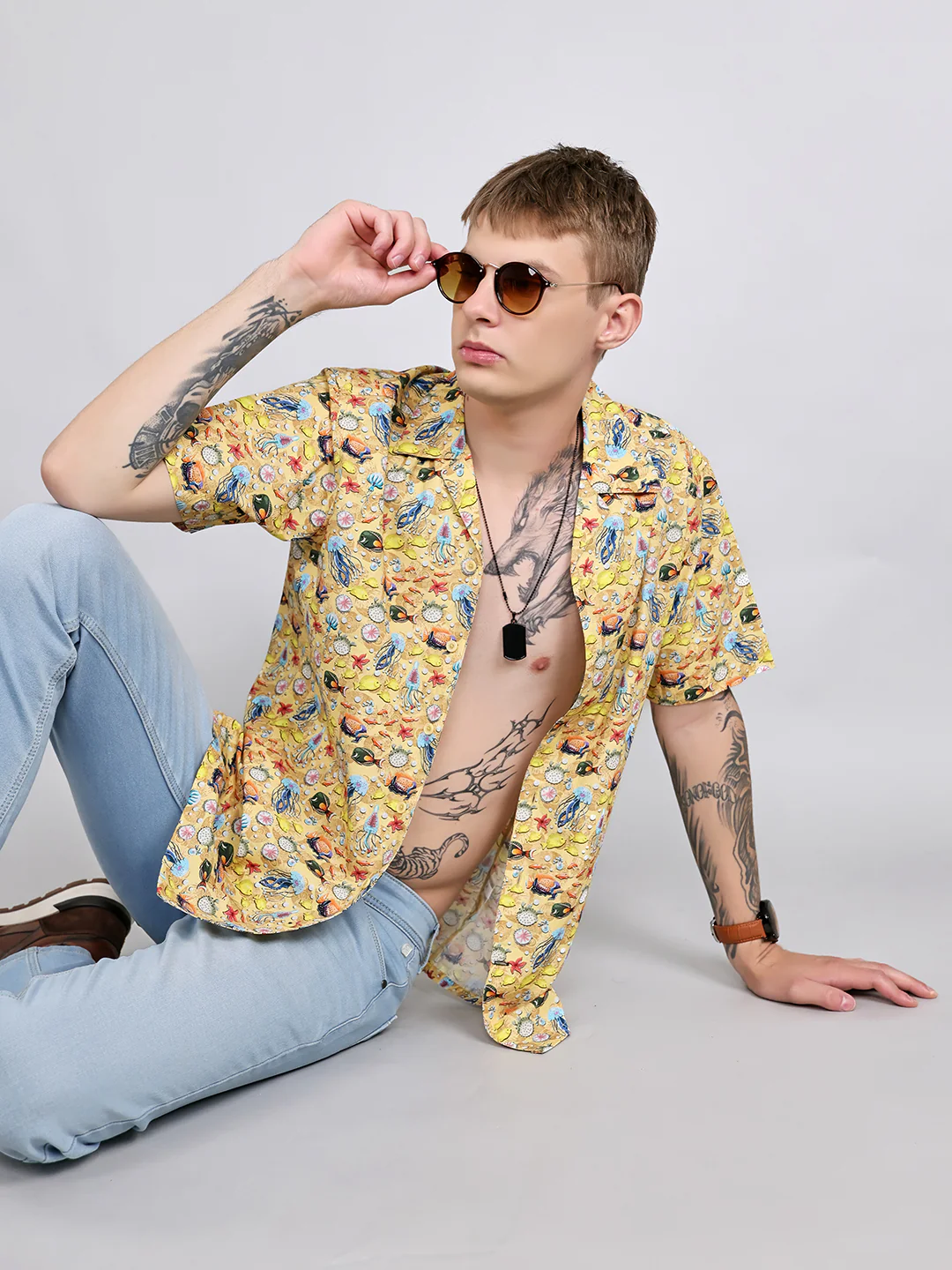 Men Yellow Printed Collar Half Sleeve Shirt - Image 8