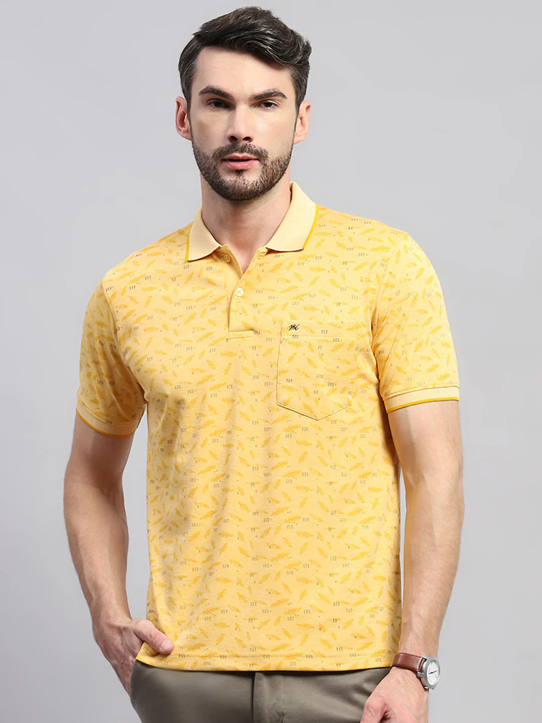 Men Yellow Printed Collar Half Sleeve T-Shirt - Image 2