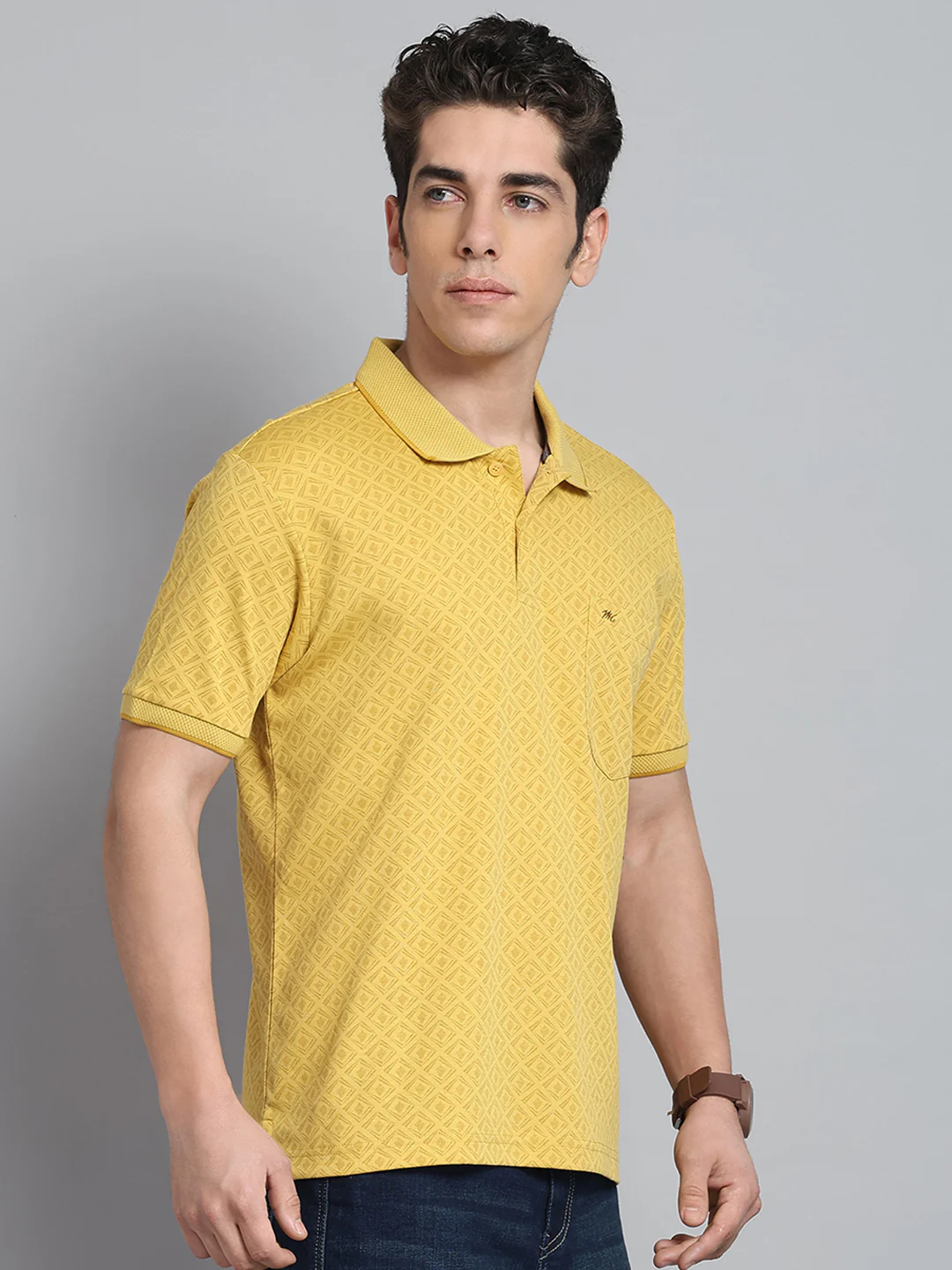 Men Yellow Printed Collar Half Sleeve T-Shirt - Image 4