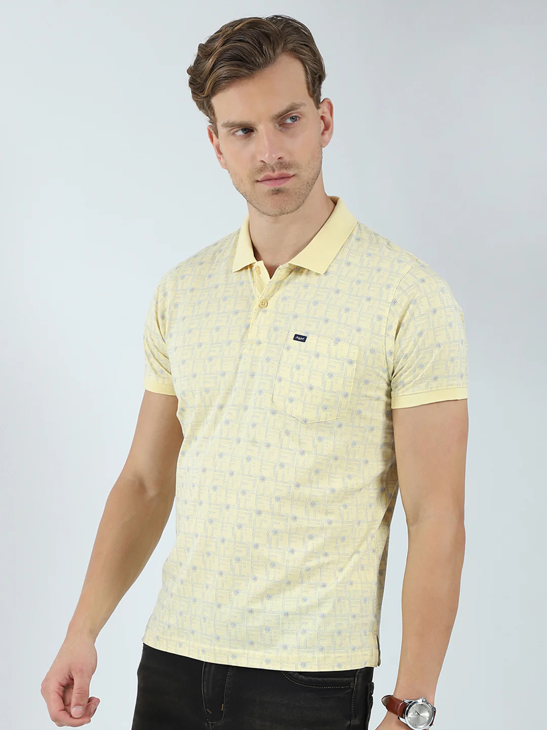 Men Yellow Printed Collar Half Sleeve T-Shirt - Image 3