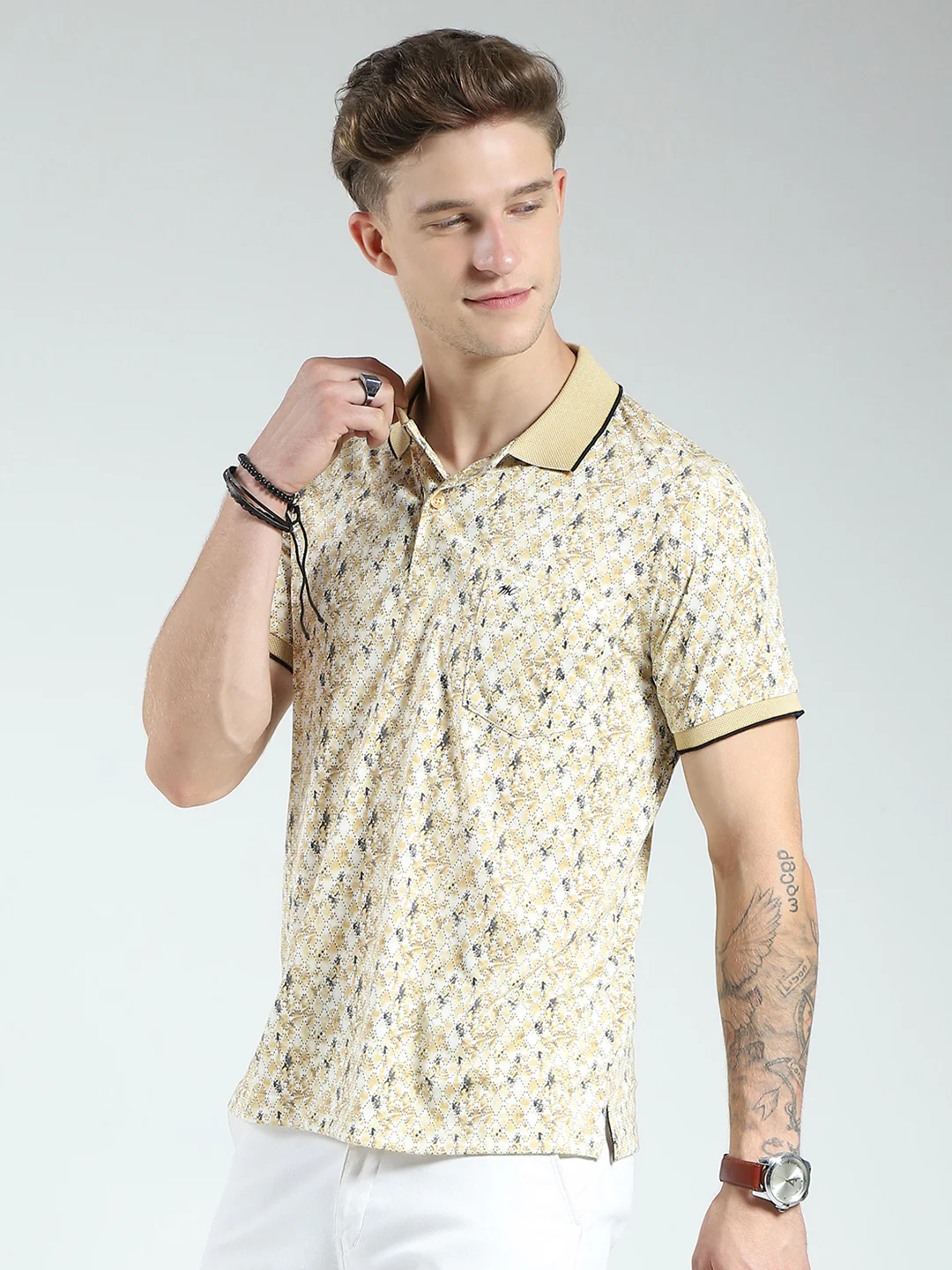 Men Yellow Printed Collar Half Sleeve T-Shirt - Image 3