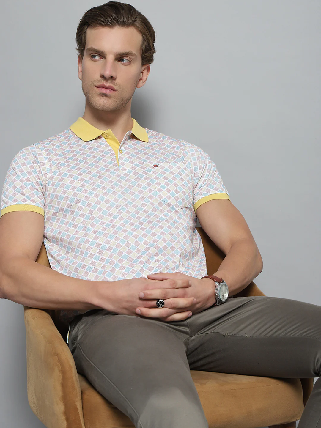 Men Yellow Printed Collar Half Sleeve T-Shirt - Image 6