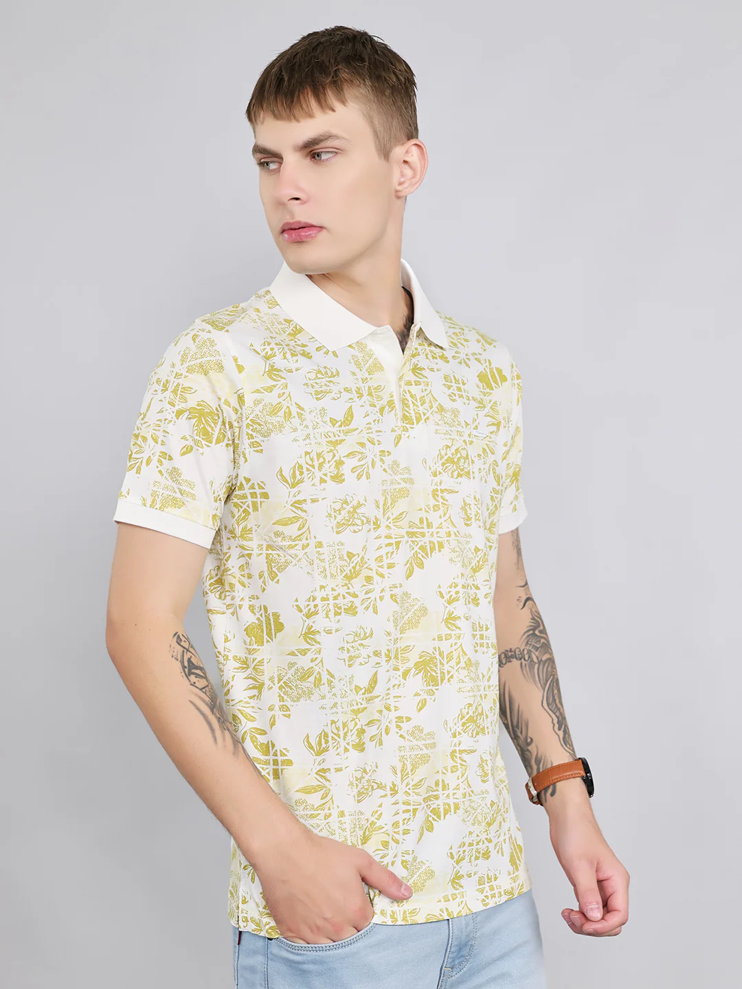 Men Yellow Printed Collar Half Sleeve T-Shirt - Image 3