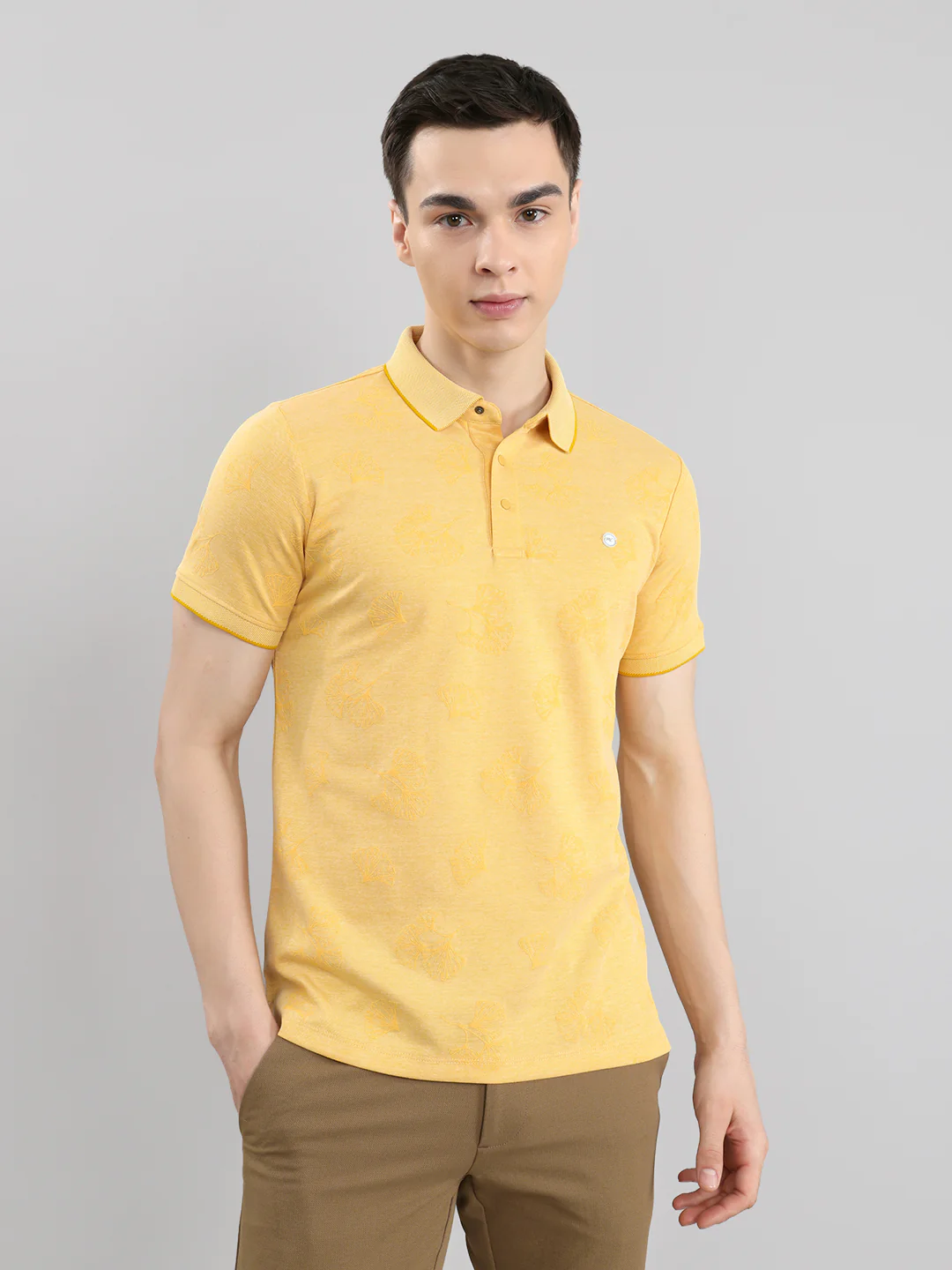 Men Yellow Printed Collar Half Sleeve T-Shirt