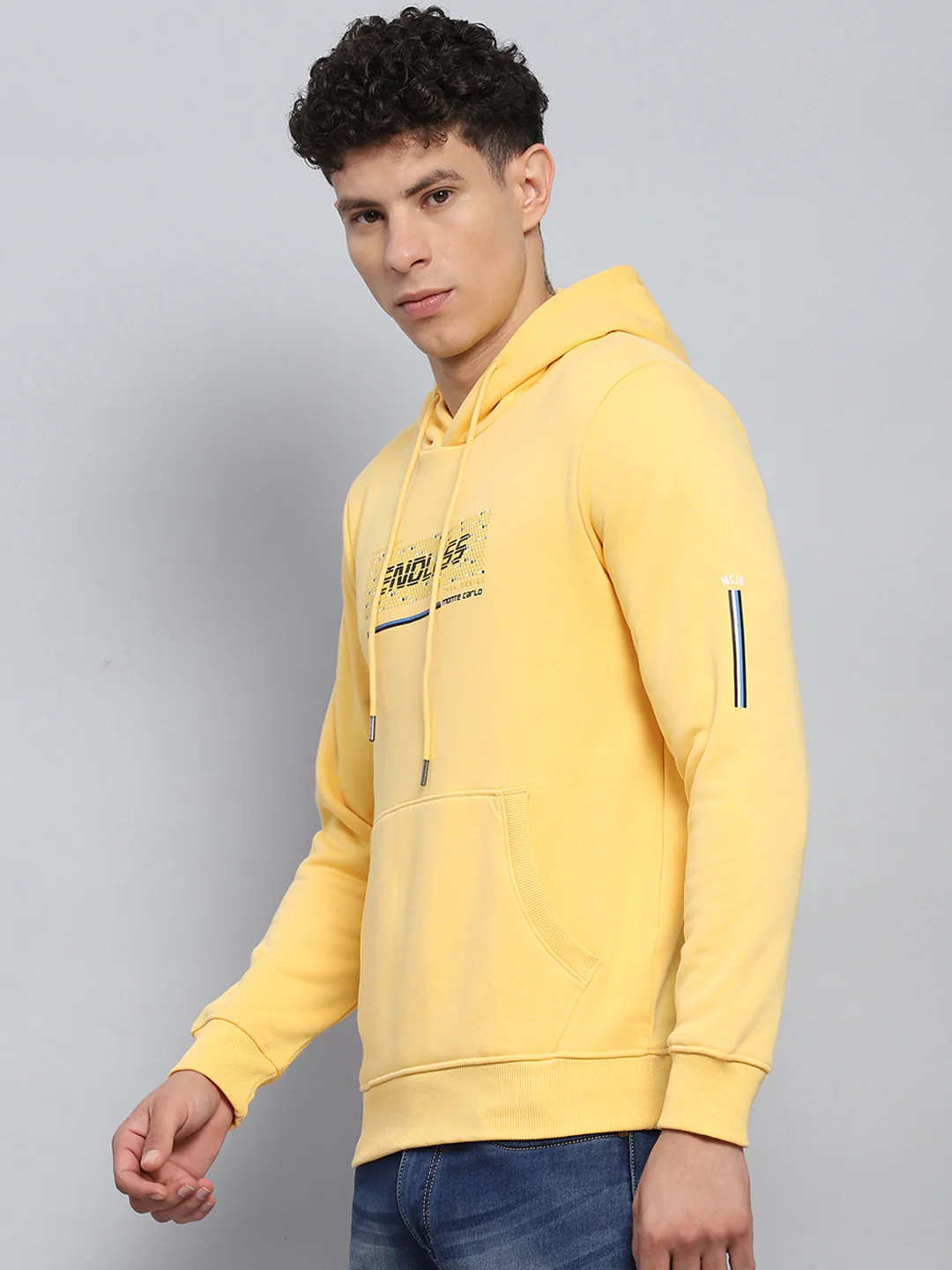 Men Yellow Printed Hooded Full Sleeve Sweatshirt - Image 3