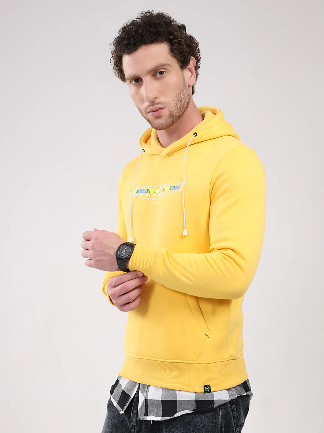 Men Yellow Printed Hooded Full Sleeve Sweatshirt - Image 3