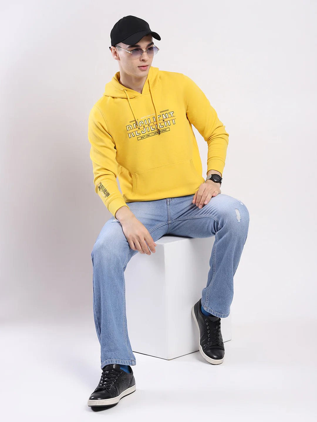 Men Yellow Printed Hooded Full Sleeve Winter T-Shirt - Image 2